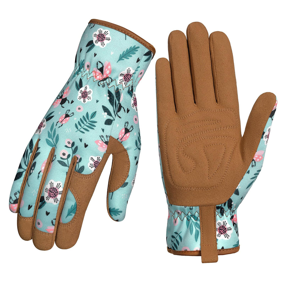 Pleneal leather garden gloves on hand show abrasion resistance for outdoor tasks.