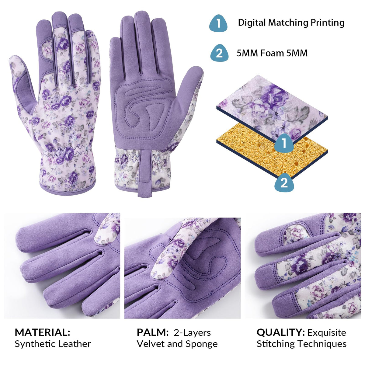 Pleneal leather palm padding provides extra grip during planting and weeding.