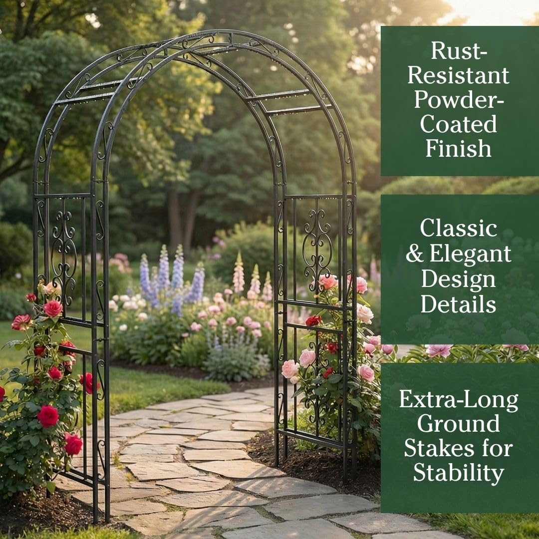 Plow & Hearth Montebello arch gunmetal finish, elegant backdrop for events.