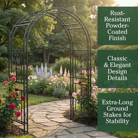 Plow & Hearth Montebello arch gunmetal finish, elegant backdrop for events.