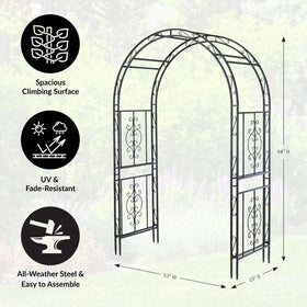 Plow & Hearth Montebello arch welded metal frame, durable year-round outdoor decor.