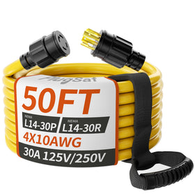 Plugsaf 50ft 30A generator cord with L14-30P/L14-30R for flexible outdoor power delivery.