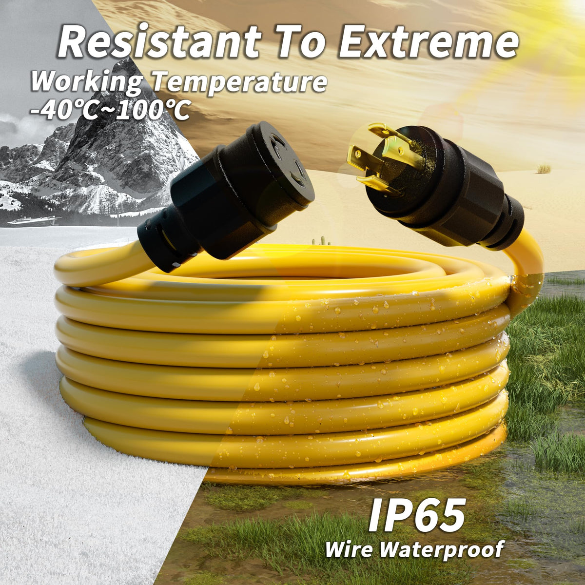 Plugsaf weatherproof IP65 cord for rain, sun, and cold-weather conditions.