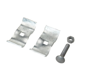 Close-up of Plutreas galvanized steel clamp with bolts and nuts included.