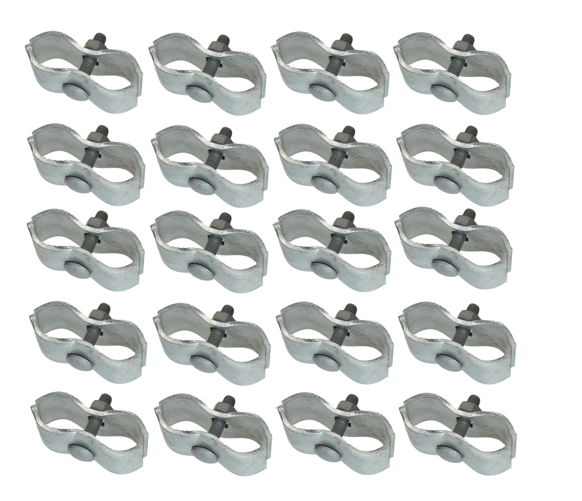 Plutreas chain link panel clamps for 1-3/8 inch rails secure two fence sections.