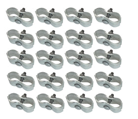 Plutreas chain link panel clamps for 1-3/8 inch rails secure two fence sections.