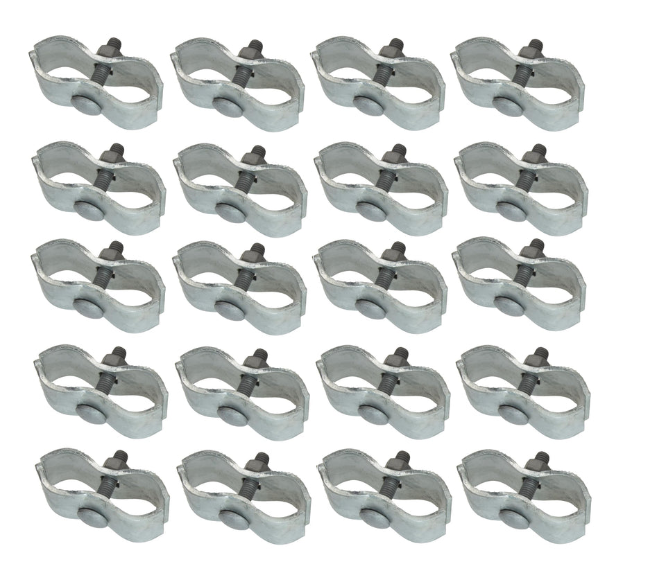 Plutreas chain link panel clamps for 1-3/8 inch rails secure two fence sections.