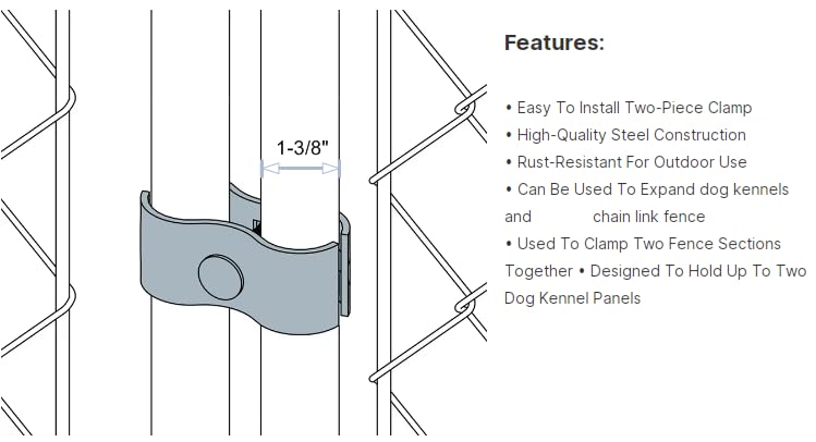 Dog kennel fence setup using Plutreas clamps for secure panel connections.