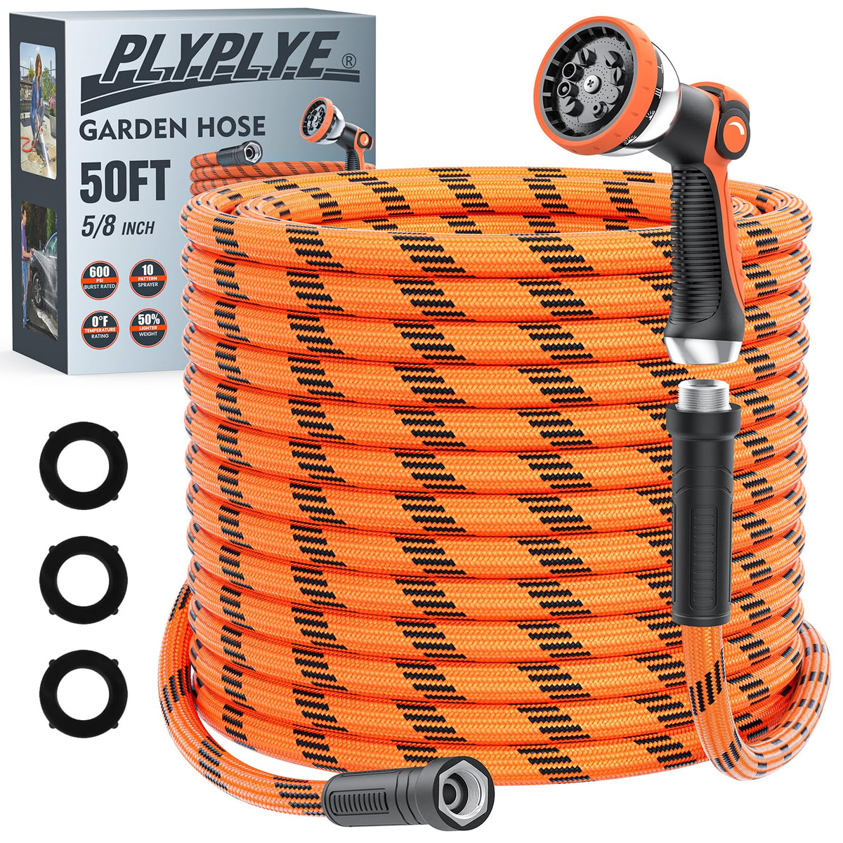 PLYPLYE 50ft flexible garden hose shows durable kink-resistant performance for yard watering.