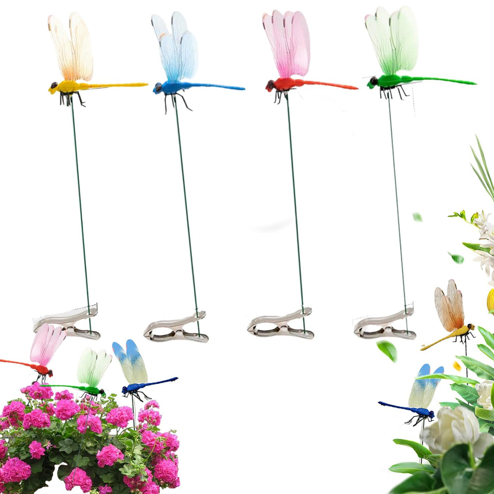 PMDYBY dragonfly clip 4-pack adds vivid color to garden decor.
