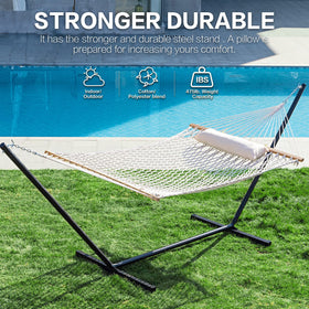 PNAEUT cotton rope hammock with pillow enhances relaxation outdoors.