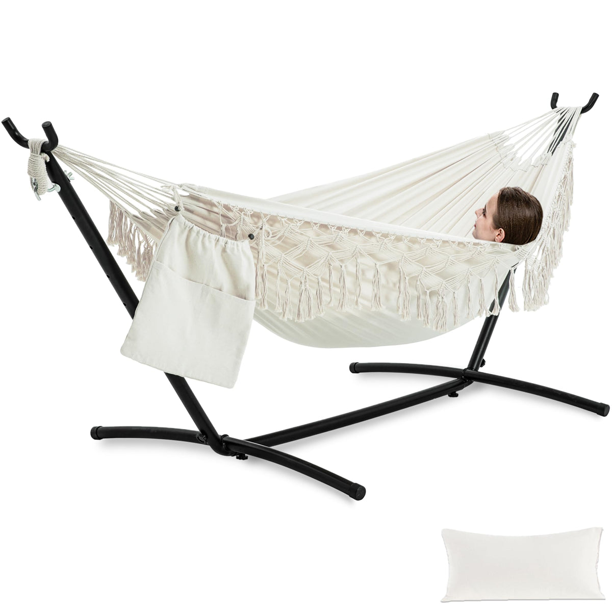 PNAEUT handmade tassel hammock with stand in beige for outdoor lounging