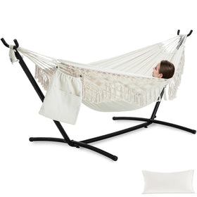 PNAEUT handmade tassel hammock with stand in beige for outdoor lounging