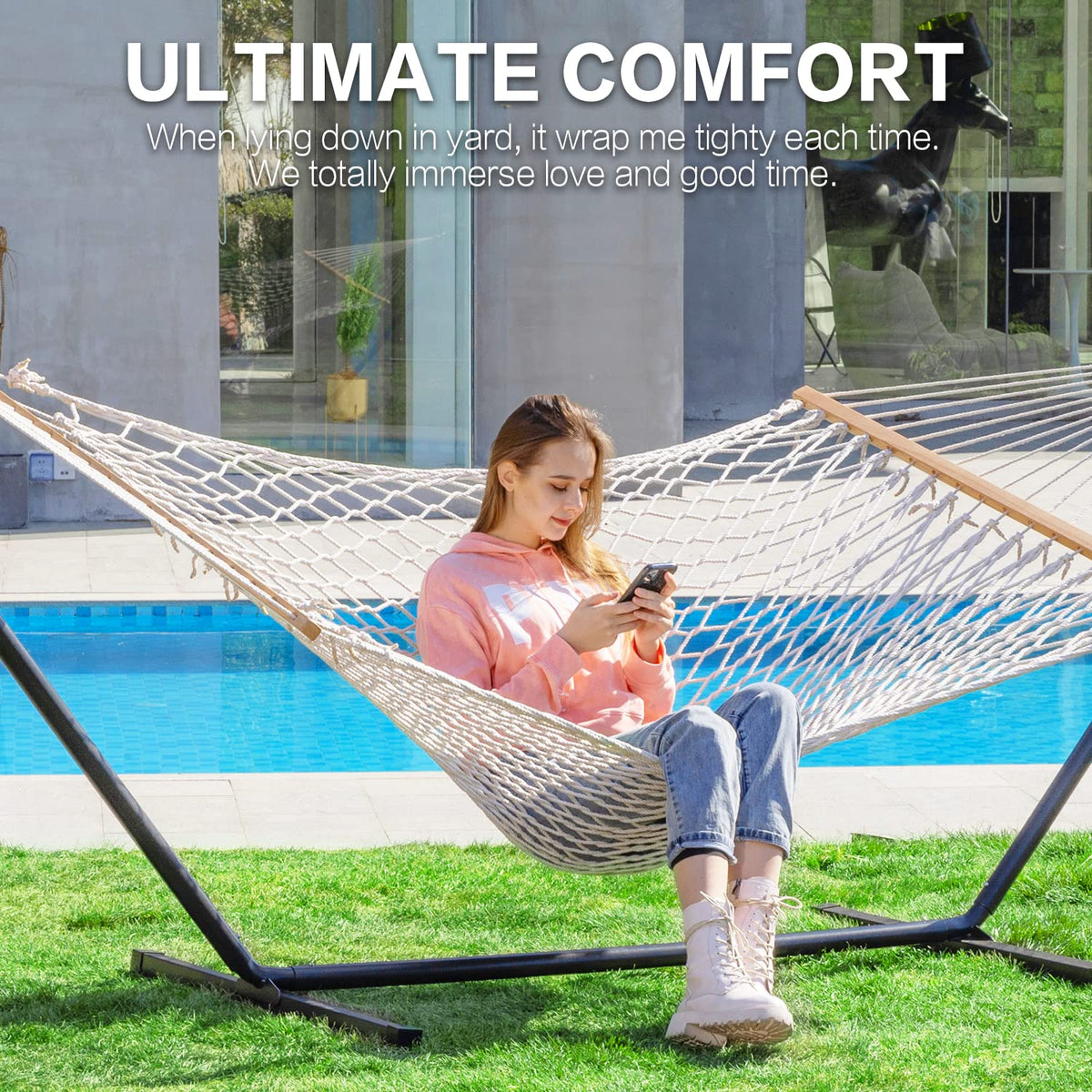 PNAEUT 12ft hammock with heavy-duty stand supports two adults comfortably.