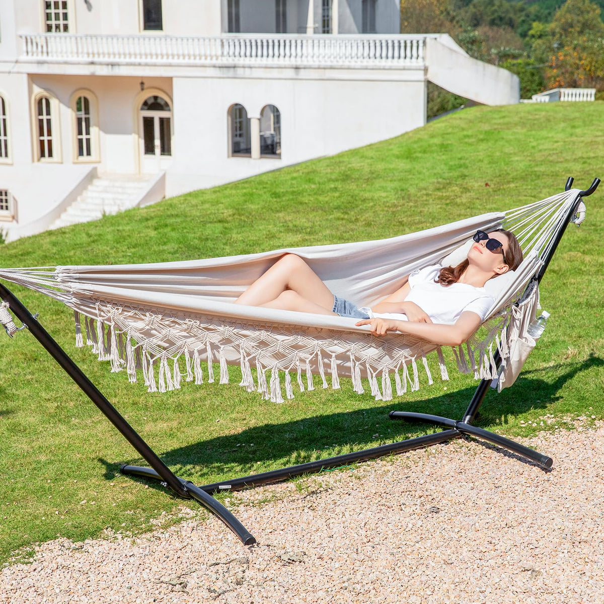 PNAEUT tassel detail hammock beige emphasizing craft and comfort