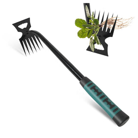 Pnylqo weed remover tool with 6 teeth for deep-root weed extraction in gardens.