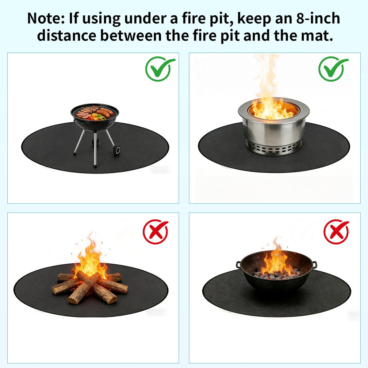 Poaoed multi-purpose mat under fire pits or grills to guard surfaces.