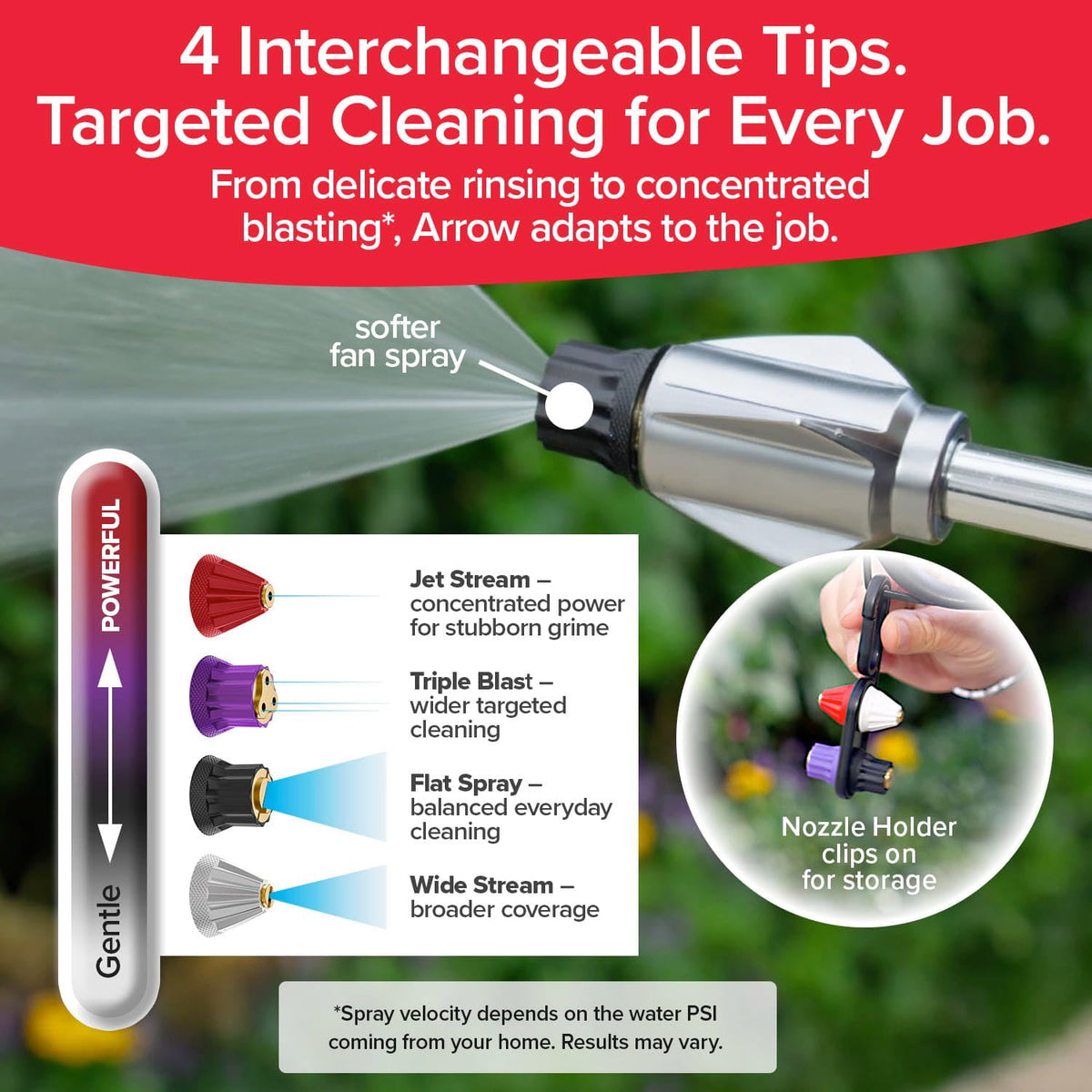 Pocket Hose Arrow Flat Spray Tip provides even, gentle surface cleaning.