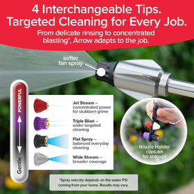 Pocket Hose Arrow Flat Spray Tip provides even, gentle surface cleaning.