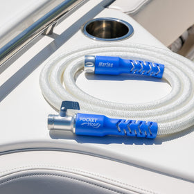 Pocket Hose expands to 50 ft for boat and RV reach.
