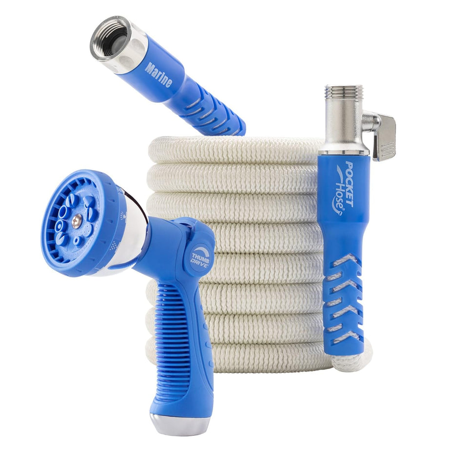 Pocket Hose Marine with white exterior protecting boat decks from scuffs.