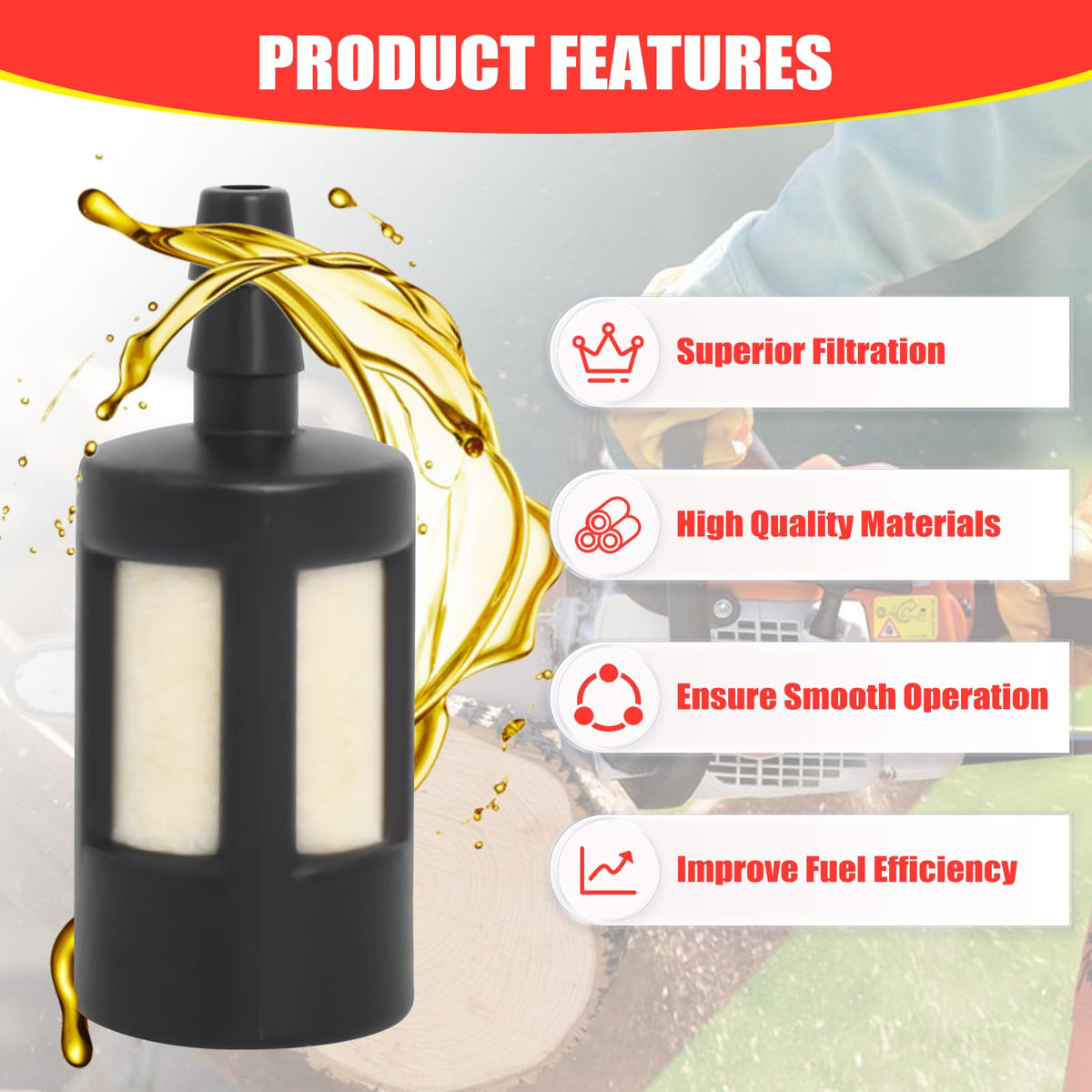 Podoy fuel filter with 1/2 inch OD and 1 1/4 inch length dimensions.