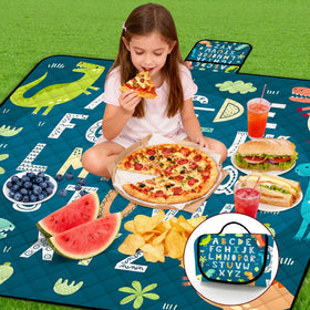 Poedist blue picnic blanket in use on grass, ideal for group picnics.
