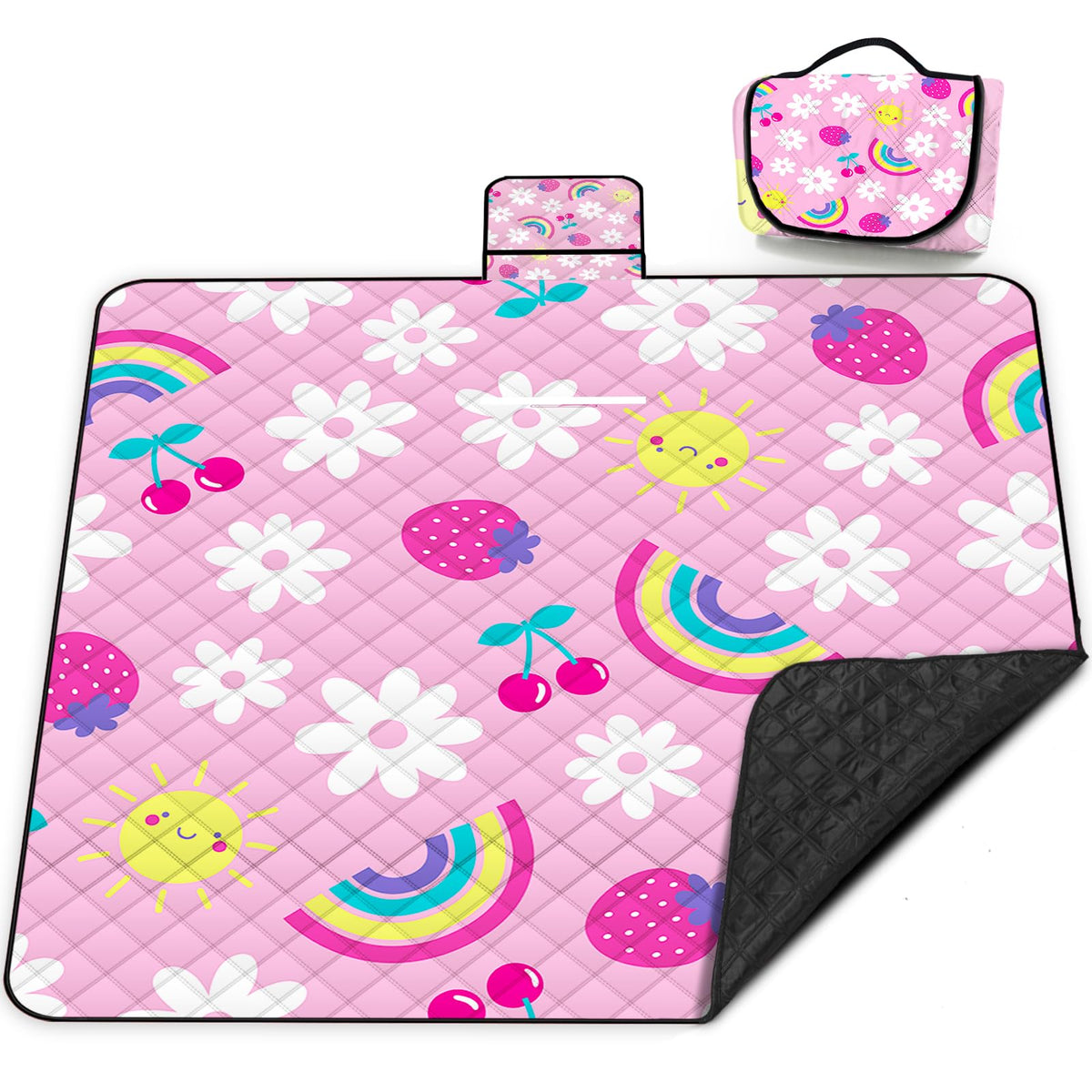 Poedist extra-large pink picnic blanket folded for easy transport and storage.