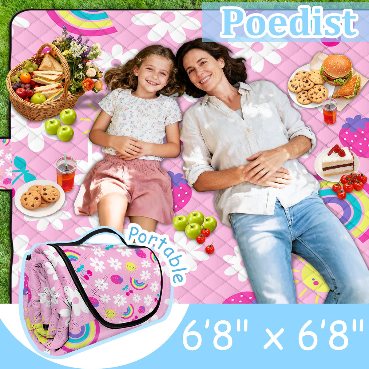 Poedist pink picnic blanket top-view pattern for stylish outdoor gatherings.