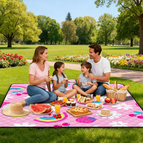 Poedist pink foldable blanket with portable bag for convenient carrying.