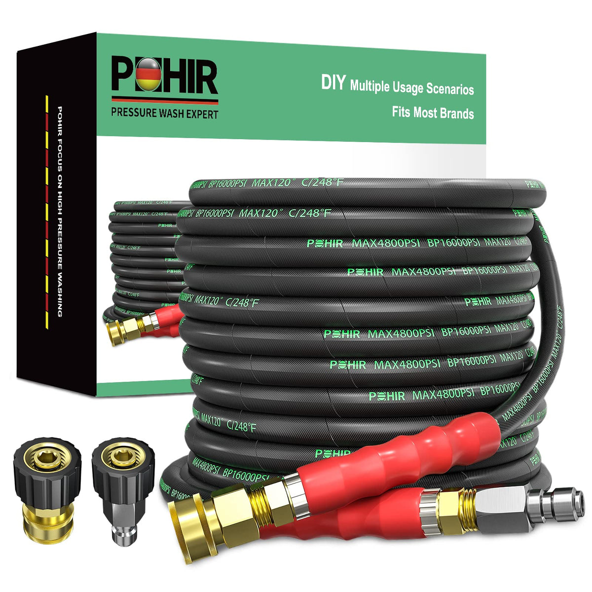 POHIR 3/8 quick-connect hose attached to a pressure washer for fast setup.