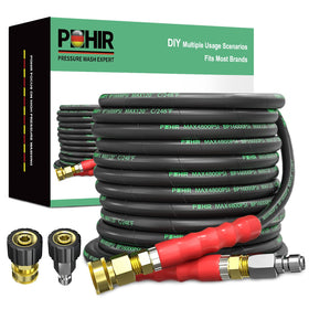 POHIR 3/8 quick-connect hose attached to a pressure washer for fast setup.