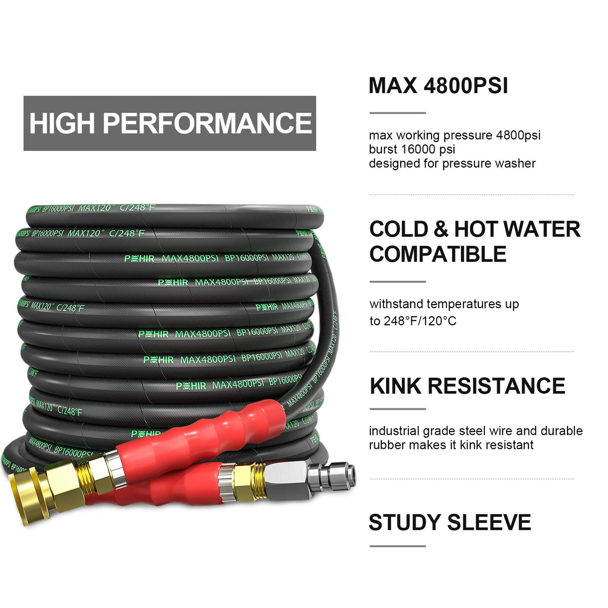 POHIR synthetic rubber jacket provides easy handling and resilience.