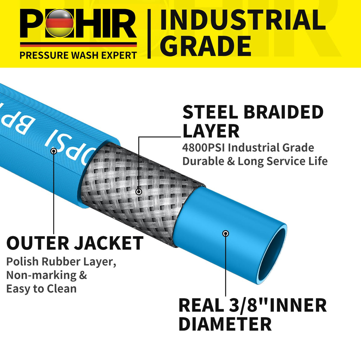 POHIR 50ft hose rolled for easy reach and storage