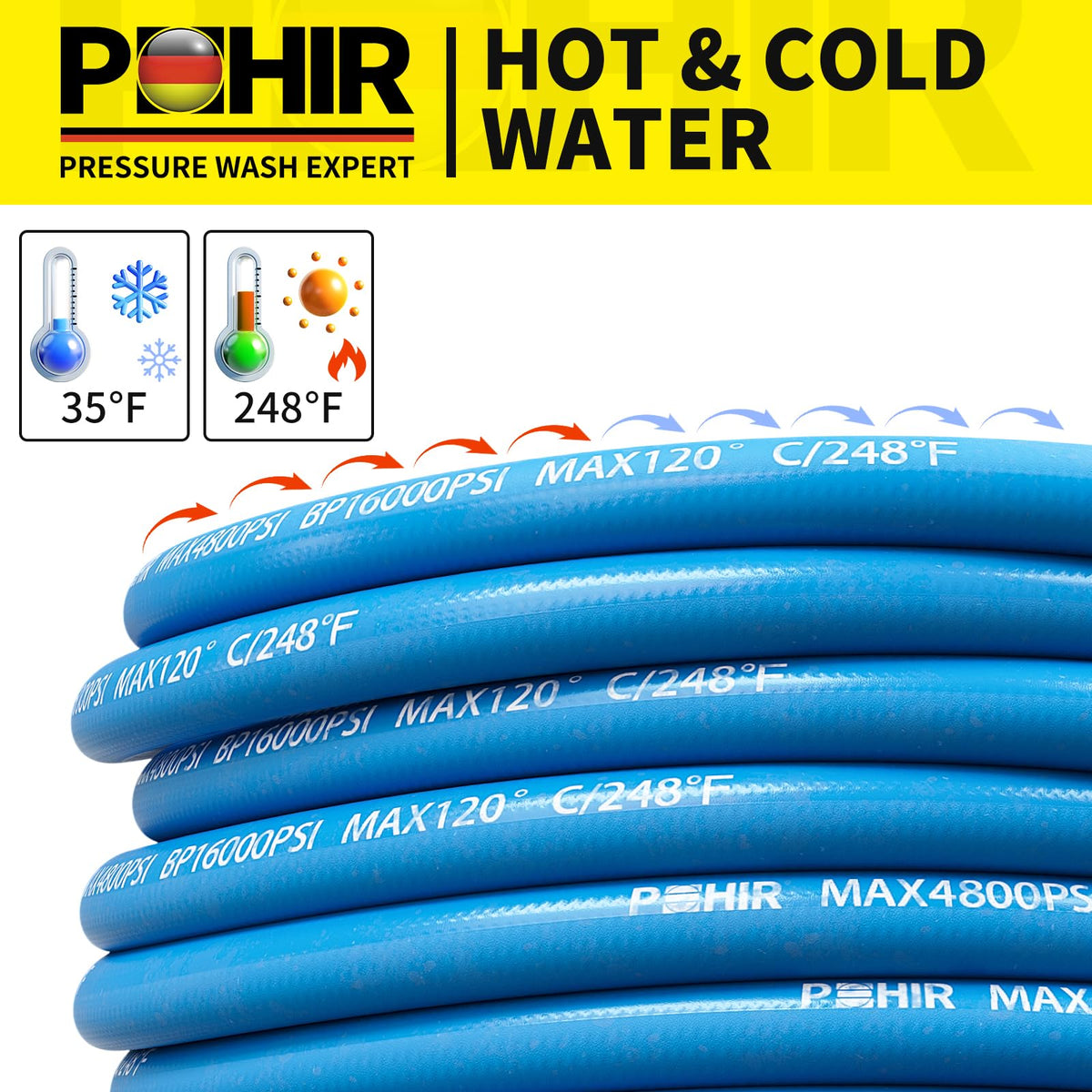 POHIR 50ft hose ideal for large-area cleanups