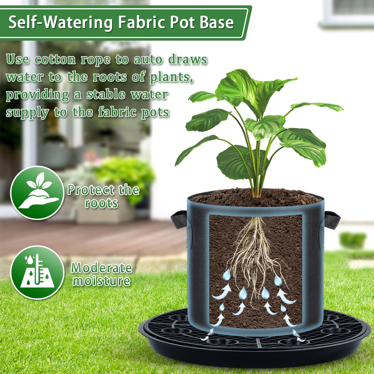 POILKMNI fabric pot base setup supports long-term watering for grow bags.
