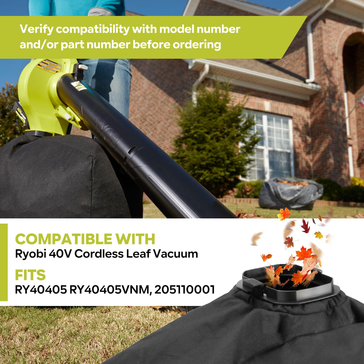 Pokin 40V leaf vacuum bag detail showing rugged construction.