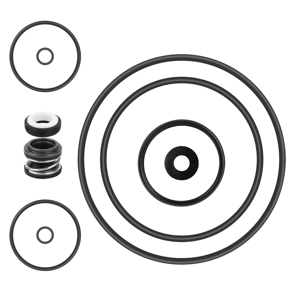 Pokin O-Ring Rebuild Kit contents spread for SuperFlo pump maintenance