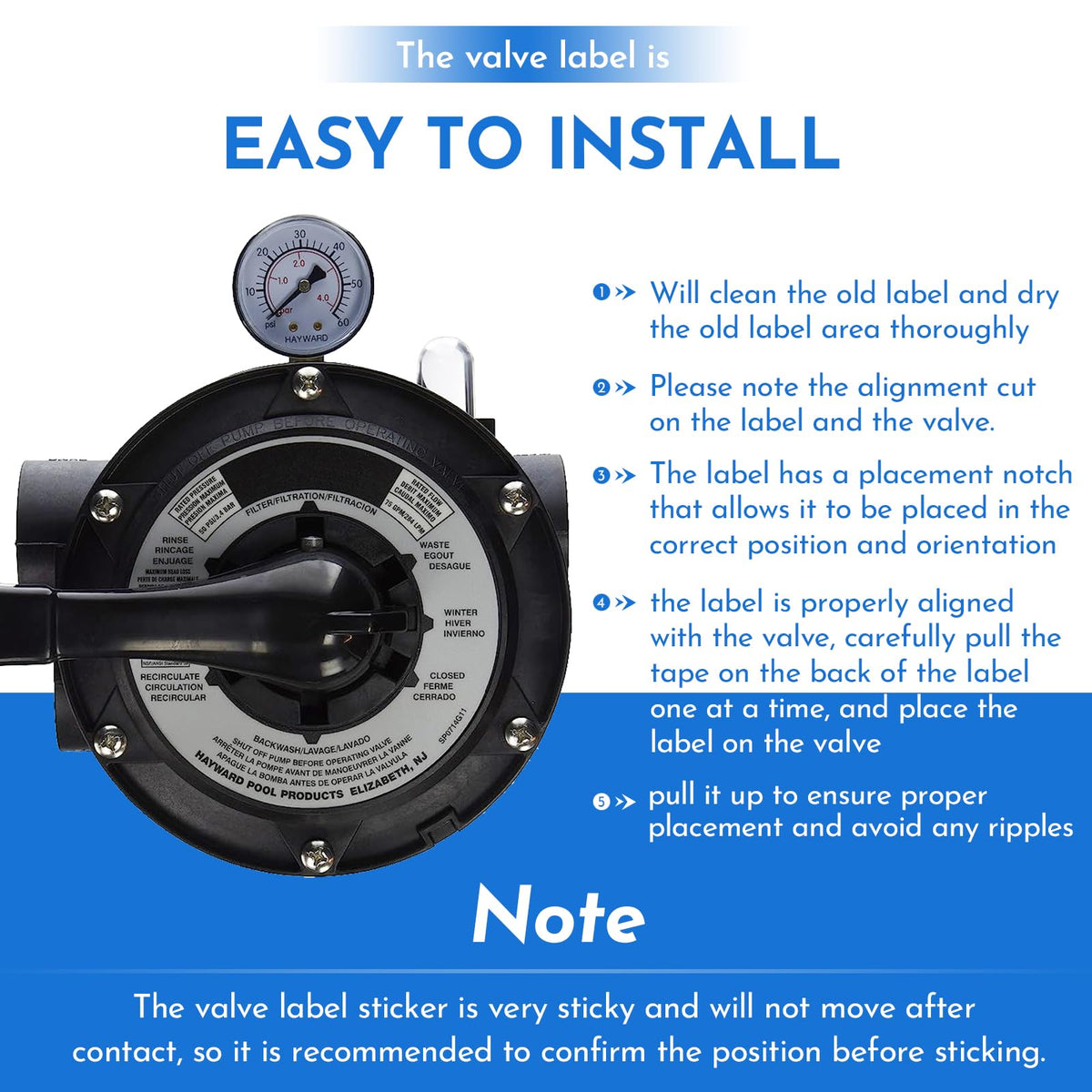 Pokin SPX0714G label withstands sun and pool water exposure in outdoor setups.
