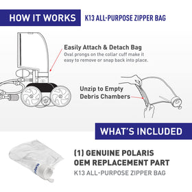 Polaris 280 cleaner with K13 bag installed during cleaning.