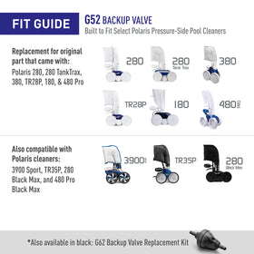 Polaris Back-Up Valve Kit compatibility list highlights cross-model use across several Polaris cleaners.