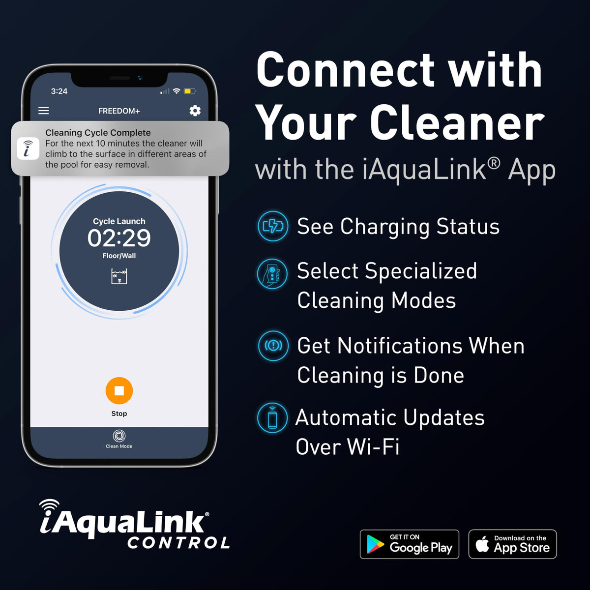 Polaris Freedom Plus app status view and cleaning mode control from anywhere