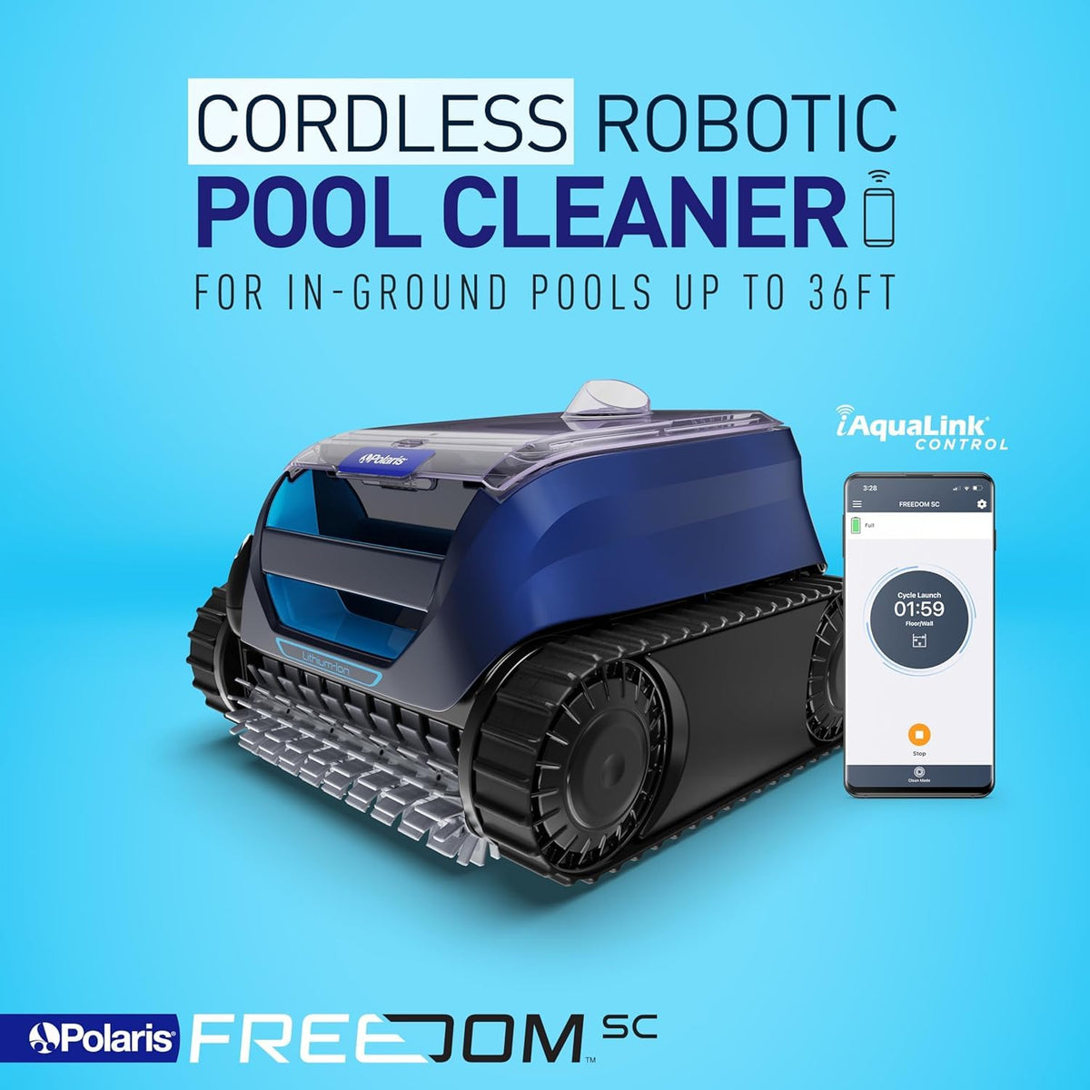Polaris Freedom SC on pool wall delivers wall-to-wall cleaning.
