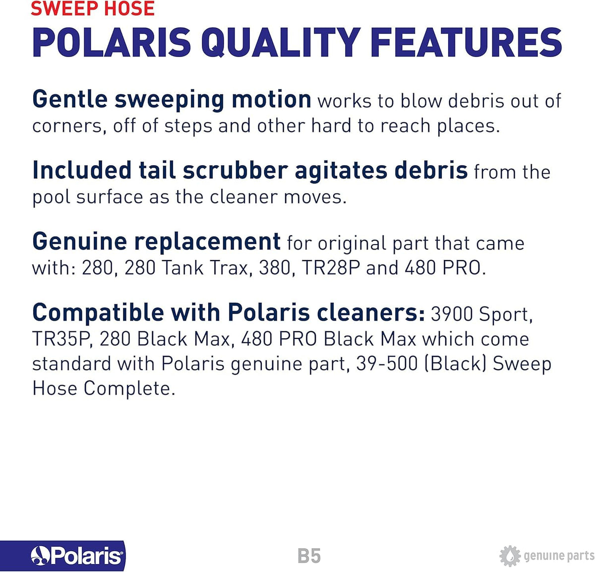 Polaris Sweep Hose B5 scrubber component in action aids debris agitation.