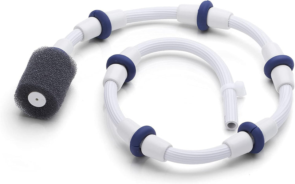 Polaris Sweep Hose B5 with white hose and blue wear rings sweeping debris from pool surfaces.
