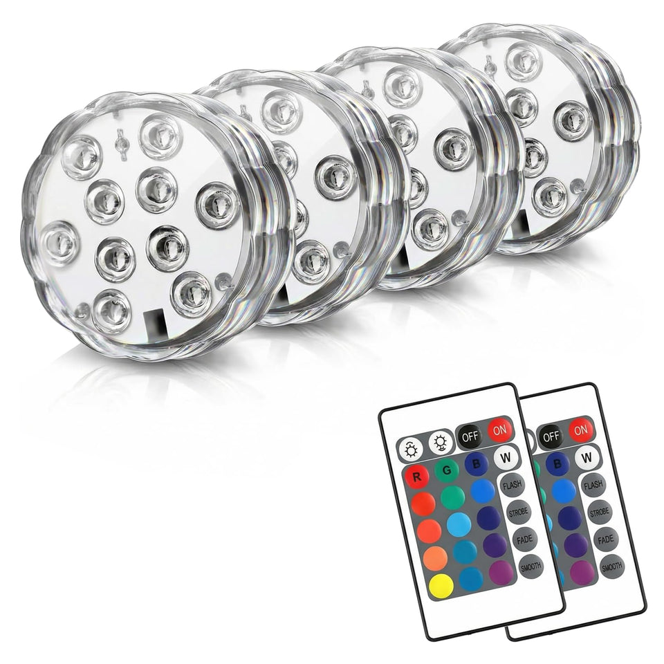 POLENTAT submersible lights with remote glow in water for vibrant color effects.