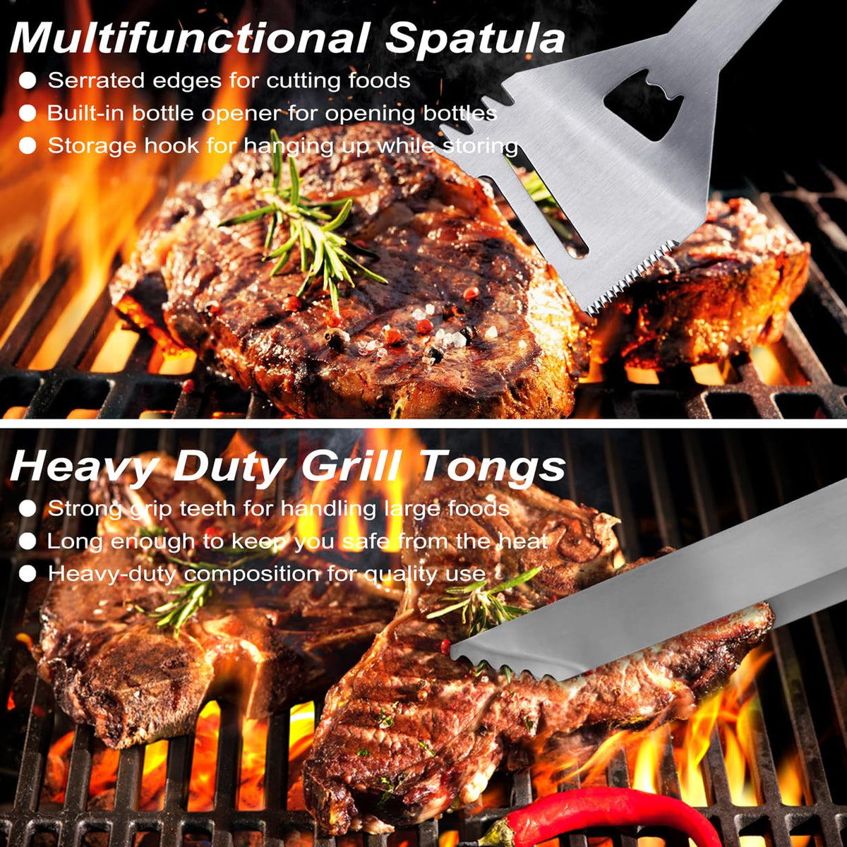 POLIGO 26pc bbq knife slicing through seared steak with precision.