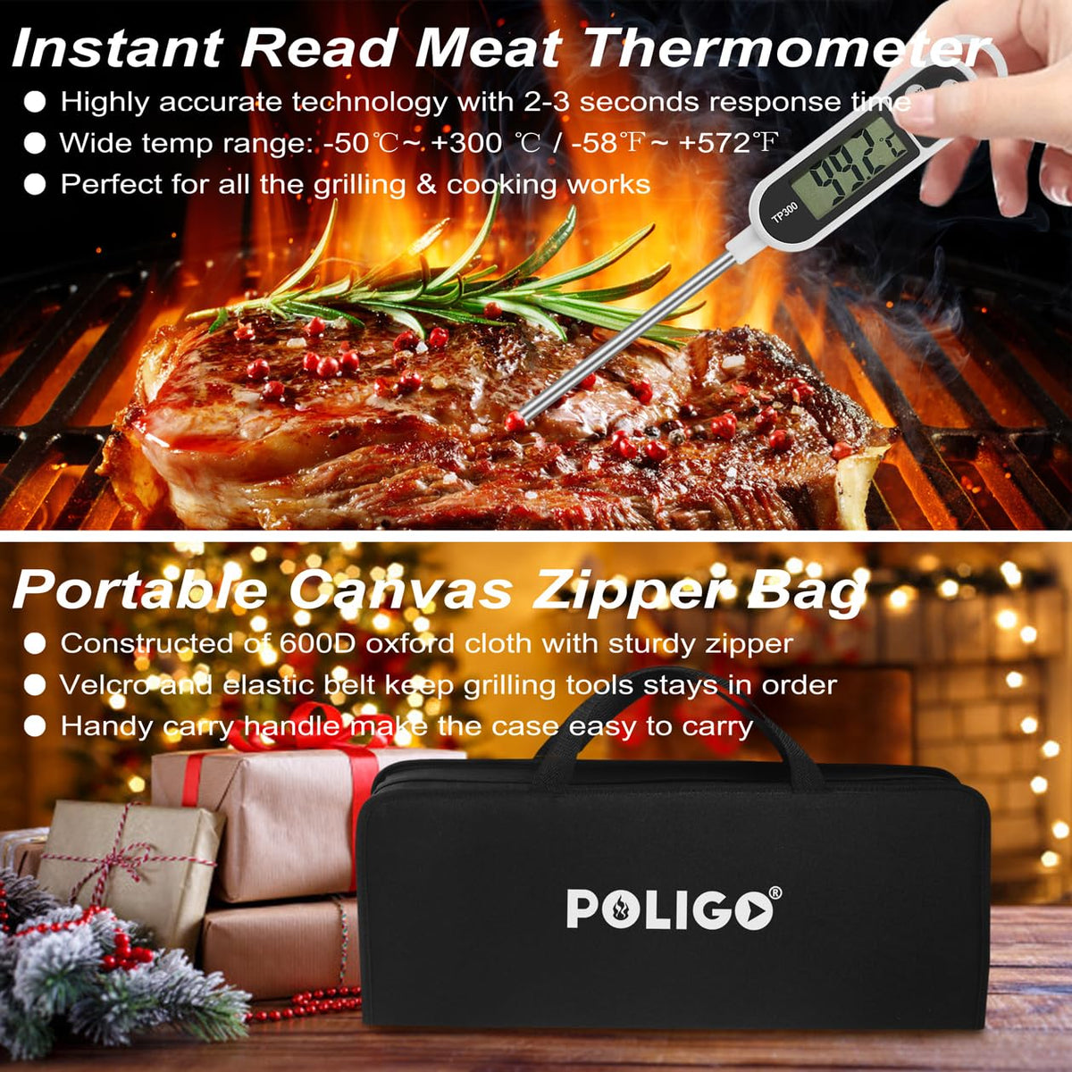 POLIGO 26pc silicone glove protecting hands during high-heat grilling.