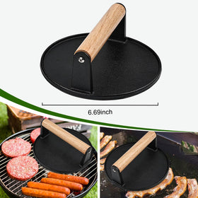 POLIGO four-in-one patty maker showing interchangeable mold sizes for custom burgers.