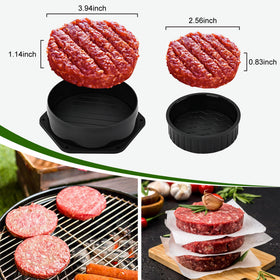 POLIGO Griddle cooking setup with burger press tools.